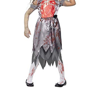 Smiffy's Children's Zombie Bride Costume, Bloodied Dress, Printed Chest Piece & Veil, Colour: Grey and Red, Size: L, 43027