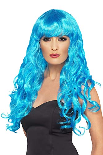 Smiffys Women's Long and Curly Blue Wig with Bangs, One Size, Siren Wig, 5020570422601