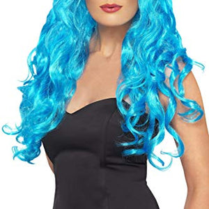 Smiffys Women's Long and Curly Blue Wig with Bangs, One Size, Siren Wig, 5020570422601