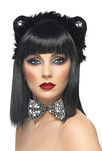 Smiffys Cat Set Sequinned with Ears and Bowtie - Black and Silver