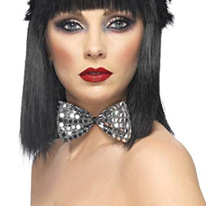 Smiffys Cat Set Sequinned with Ears and Bowtie - Black and Silver