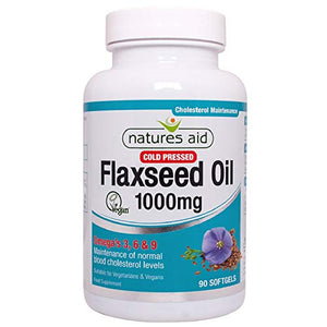 Natures Aid Flaxseed Oil, 1000 mg, 90 Softgel Capsules (Cold Pressed Flaxseed Oil, Omega 3, 6 and 9 for the Maintenance of Normal Cholesterol Levels, Made in the UK, Vegan Society Approved)