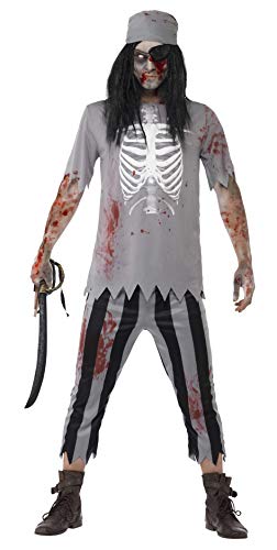 Smiffys Men's Zombie Pirate Costume, Top, Trousers, Bandana & Eyepatch, Size: S, Colour: Grey, 45957