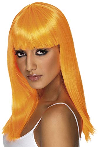 Smiffys Women's Long and Straight Neon Orange Wig with Bangs, One Size, Glamourama Wig, 5020570421604