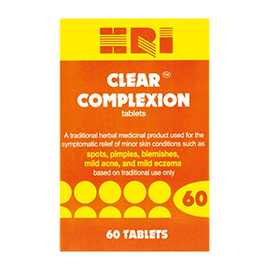 HRI Clear Complexion. Burdock Root and Blue Flag Rhizome Tablets. To Relieve Mild Skin Conditions - Spots, Pimples, Blemishes, Mild Acne, Mild Eczema. 60 Tablets