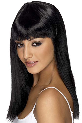 Smiffys Women's Long and Straight Black Wig with Bangs, One Size, Glamourama Wig, 42153