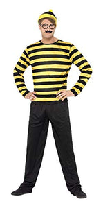 Smiffys Men's Where's Wally Odlaw Costume, Top, Trousers, Hat, Moustache & Glasses, Size: M, Colour: Black and Yellow, 41309
