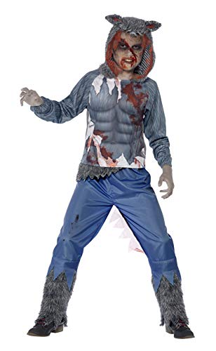 Smiffys Tween Boy's Deluxe Wolf Warrior Costume, Hooded Top and Trousers, Serious Fun, Colour: Grey and Blue, Size Tween, 44296