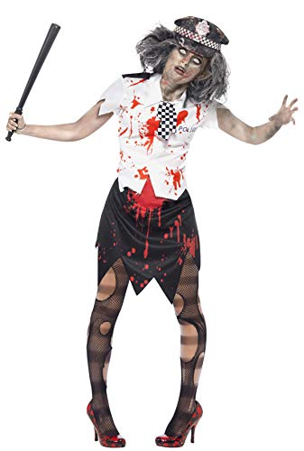 Smiffys Women's Zombie Policewoman Costume, Skirt, Shirt with Tie & Hat, Size: S, Colour: White and Black, 38881