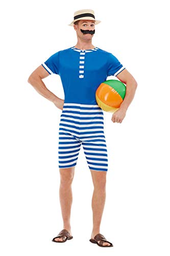 Smiffys 50726L 20s Bathing Suit Costume, Men, Blue & White, L - Size 42"-44"