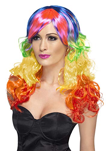Smiffys Rainbow Curl Wig Long with Fringe - Multi-Coloured