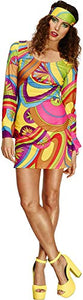 Fever Adult Women's 70's Flower Power Costume, Dress and Head Scarf, Retro, Size M, 30462