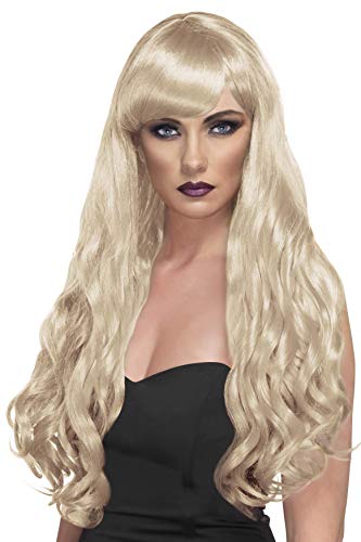 Smiffys Women's Extra Long and Curly Blonde Wig with Bangs, One Size, Desire Wig, 5020570421048