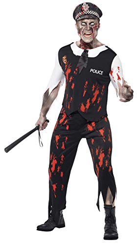 Smiffys Men's Zombie Policeman Costume, Top, Tie, Latex Wound Piece, Trousers & Hat, Zombie Alley, Size: L, 38882