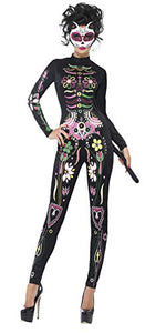 Smiffys Adult Women's Sugar Skull Cat Costume, Printed Bodysuit, Day of the Dead, Halloween, Size: XS, 43735