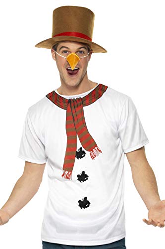 Smiffys Men's Snowman Instant Kit, T-Shirt, Hat and Carrot Nose, Size:M, Colour: White, 39836