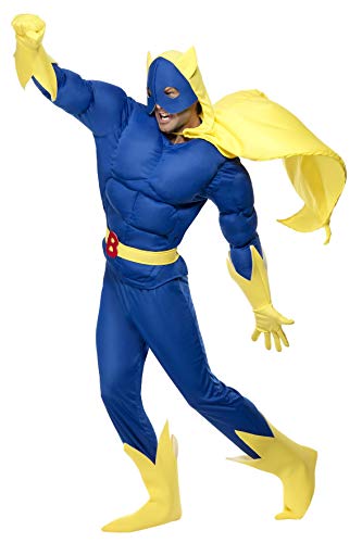 Smiffys Men's Bananaman Padded Chest Costume, Top, Trousers, Cape, Belt, Gloves & Boot Covers, Bananaman, Size: XL, Colour: Blue and Yellow, 28082
