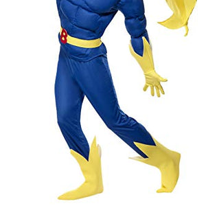 Smiffys Men's Bananaman Padded Chest Costume, Top, Trousers, Cape, Belt, Gloves & Boot Covers, Bananaman, Size: XL, Colour: Blue and Yellow, 28082