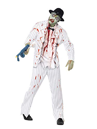 Smiffys Men's Zombie Gangster Costume, Jacket, Trousers, Top with Latex Pieces & Bow Tie, Size: M, Colour: White, 43042