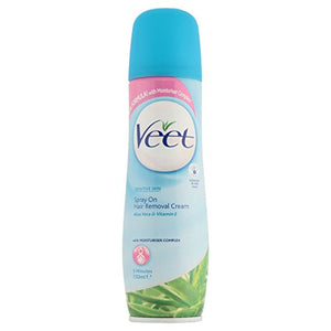 4 x Veet Spray on Hair Removal Cream with Aloe Vera & Vitamin E for Sensitive Skin 150ml