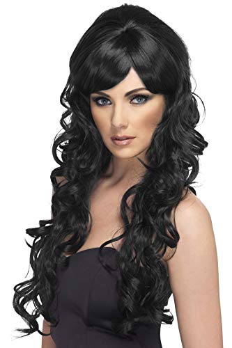 Smiffys Women's Extra Long and Curly Black Wig with Side Bangs, One Size, Pop Starlet Wig, 5020570422267