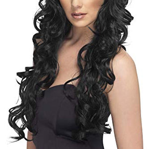 Smiffys Women's Extra Long and Curly Black Wig with Side Bangs, One Size, Pop Starlet Wig, 5020570422267