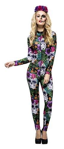Fever Women's Day of the Dead Costume, Catsuit & Rose Headband, Size: S, Colour: Multi, 44536