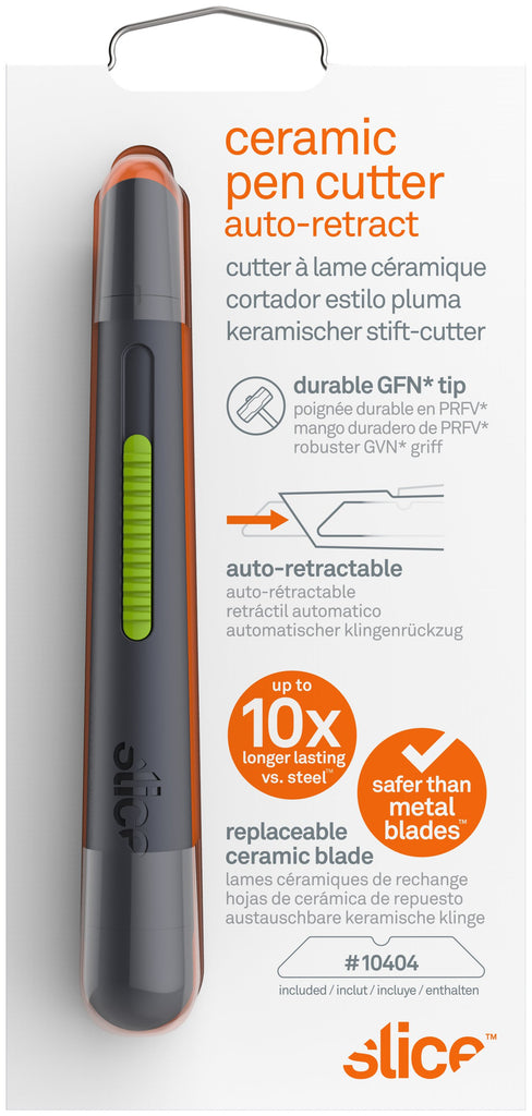 Slice 10512 Pen Cutter, Auto-Retractable, Stays Sharp up to 10x Longer Than Steel Blades, Dark Grey