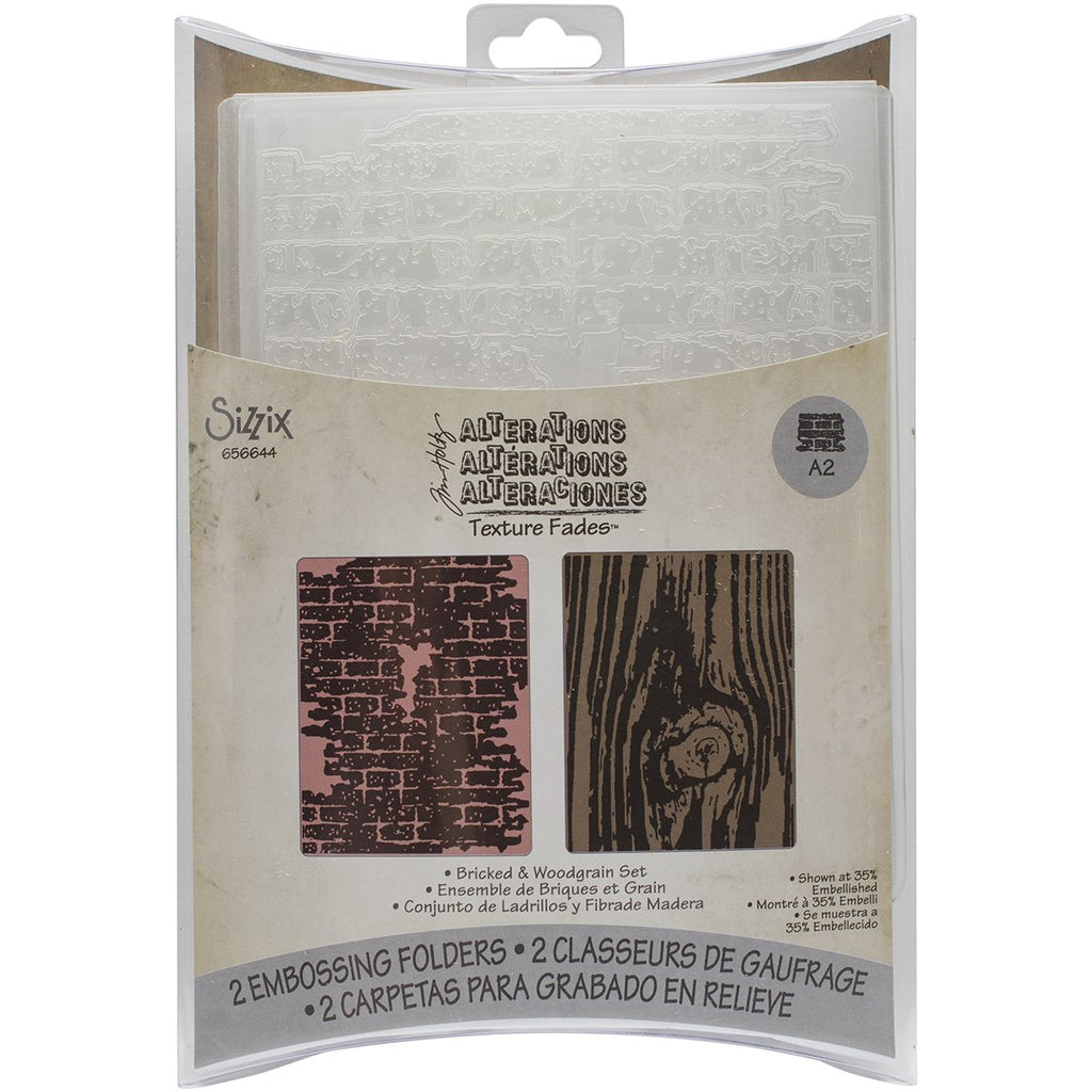 Sizzix 656644 Texture Fades Embossing Folders Tim Holtz 2PK - Bricked & Woodgrain Set