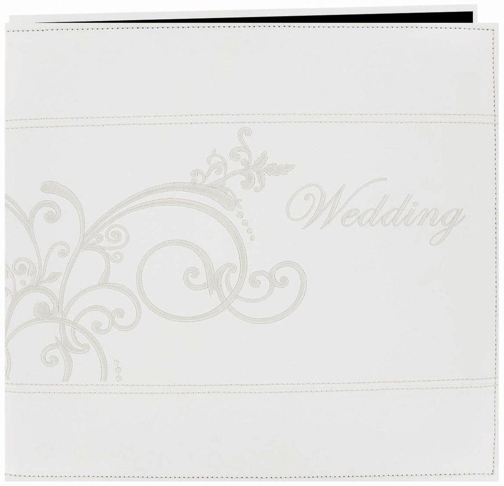 Pioneer 12-Inch by 12-Inch Postbound Embroidered Scroll and "Wedding" Sewn Leatherette Cover Memory Book, Ivory