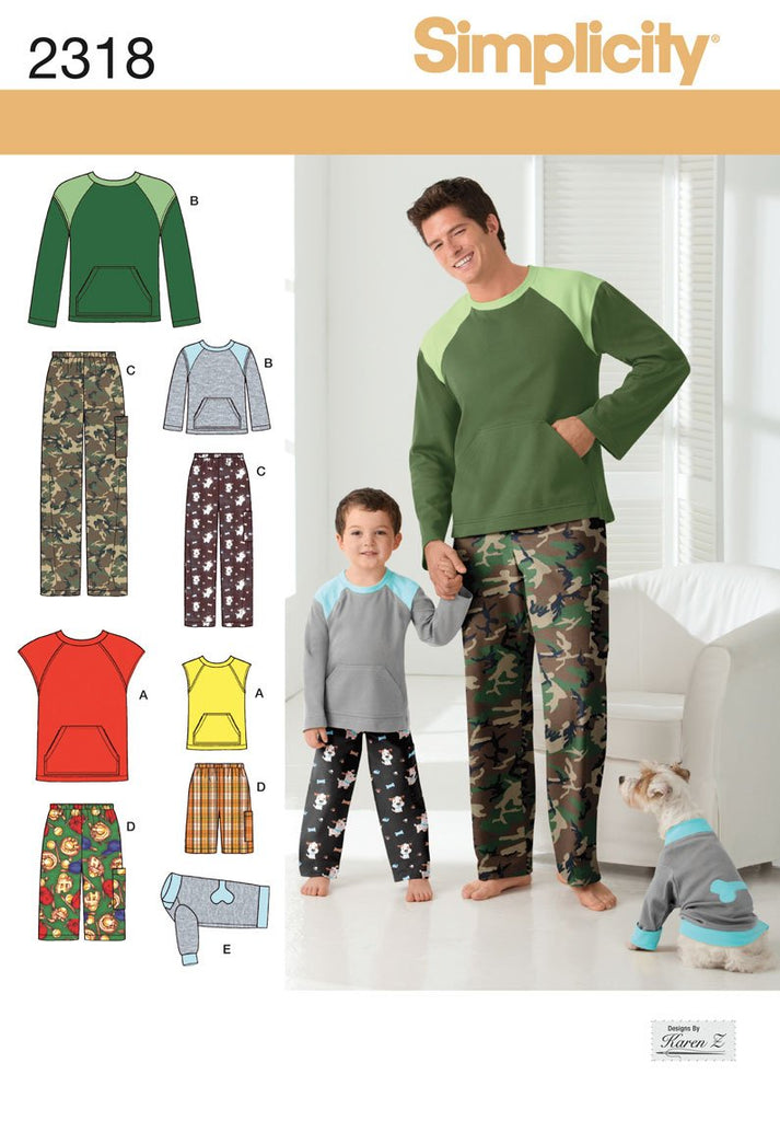 Simplicity Sewing Pattern 2318 Boys' and Men's Loungewear and Dog Top, A (S - L / S - XL)