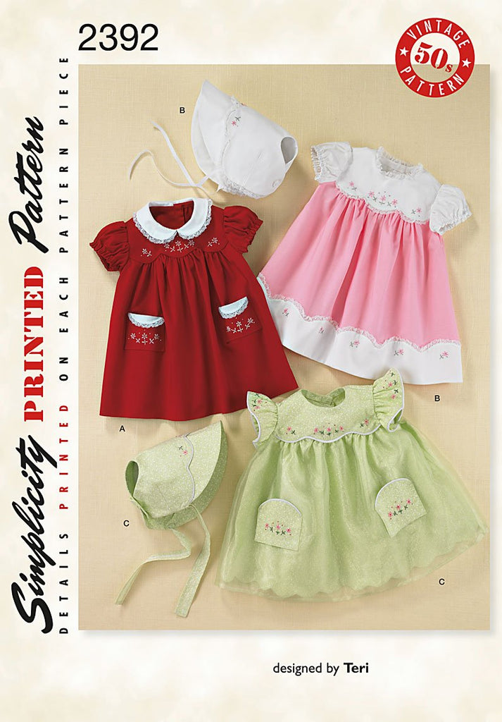 Simplicity Sewing Pattern 2392 Babies Dress and Bonnet Designed by Teri Sizes 1 -18 Months