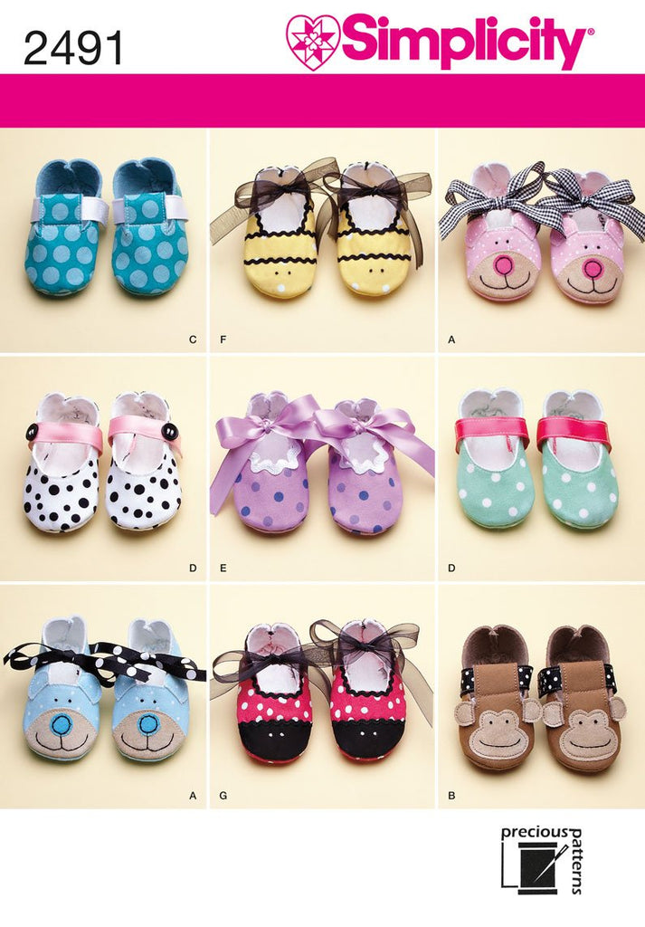 Simplicity Precious Patterns 2491 Baby Shoes in Eight Styles, XS-S-M-L
