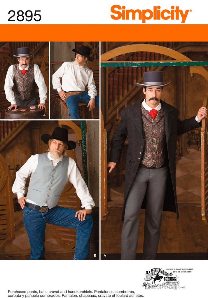 Simplicity Buckaroo Bobbins Pattern 2895 Men's Gambler Costume Sizes Chest 38-40-42-44