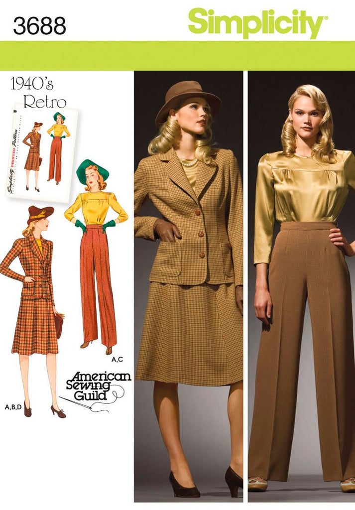 Simplicity American Sewing Guild Pattern 3688 1940's Retro Women's Blouse, Skirt, Pants, Lined Jacket Sizes 20W-28W