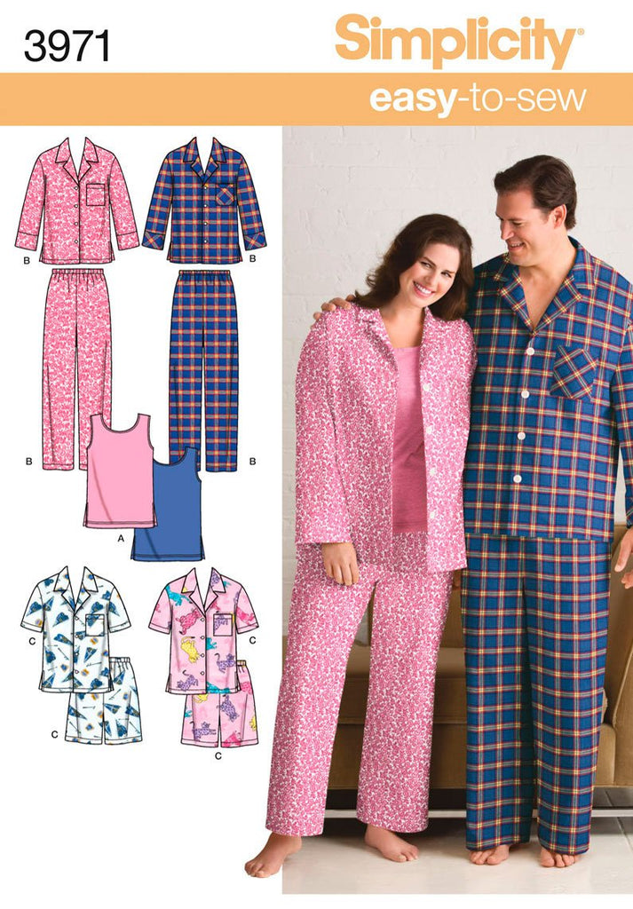 Simplicity Easy-to-Sew Pattern 3971 Women's and Men's Pajamas in Two Lengths, Knit Tank Top, Size XL-XXL-XXXL