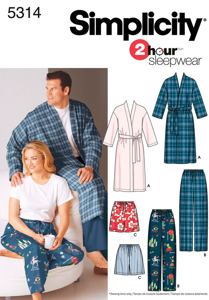 Simplicity 2 Hour Sleepwear Pattern 5314 Women's and Men's Pants or Shorts and Robe Chest Size 52-62 XL-XXL-XXXL