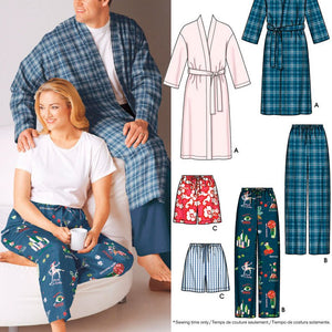 Simplicity 2 Hour Sleepwear Pattern 5314 Women's and Men's Pants or Shorts and Robe Chest Size 52-62 XL-XXL-XXXL