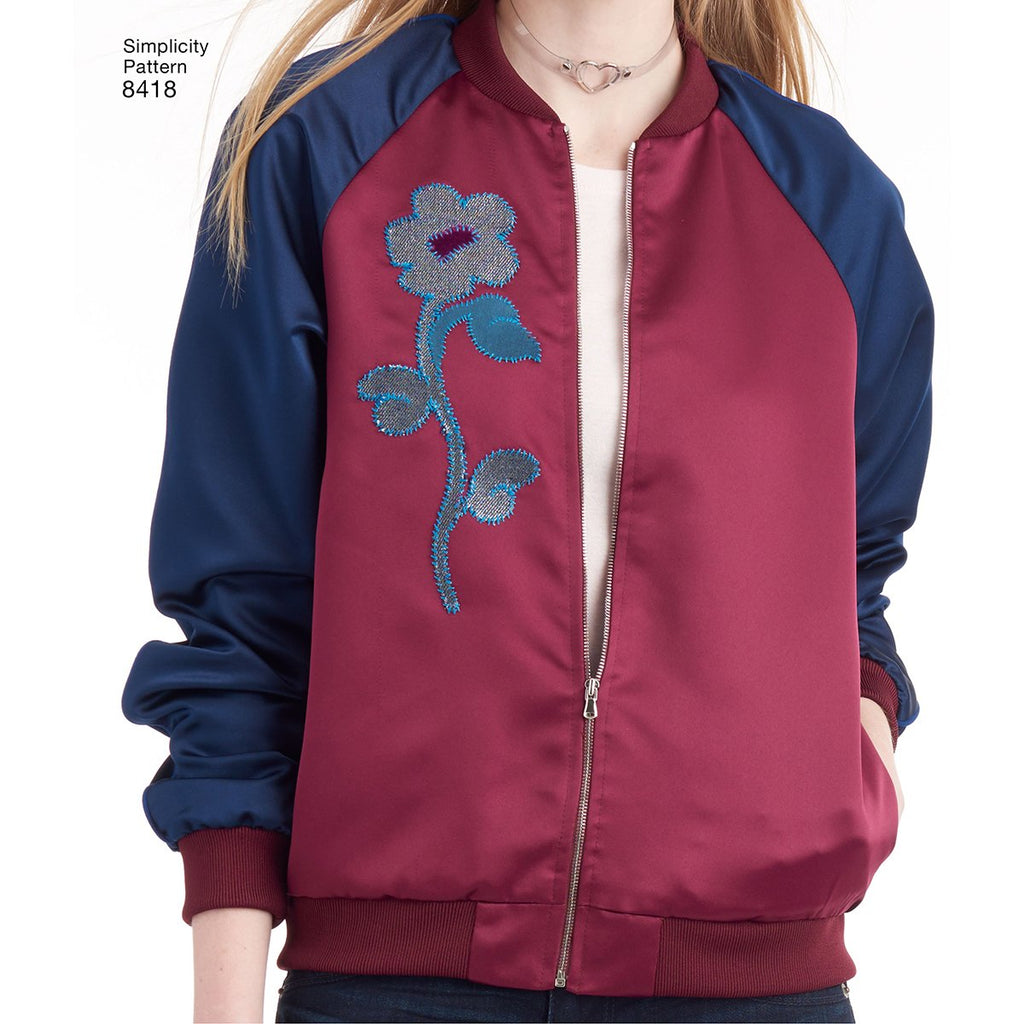Simplicity Pattern 8418 D5 Misses' Lined Bomber Jacket with Fabric and Trim Variations, Size 4-12