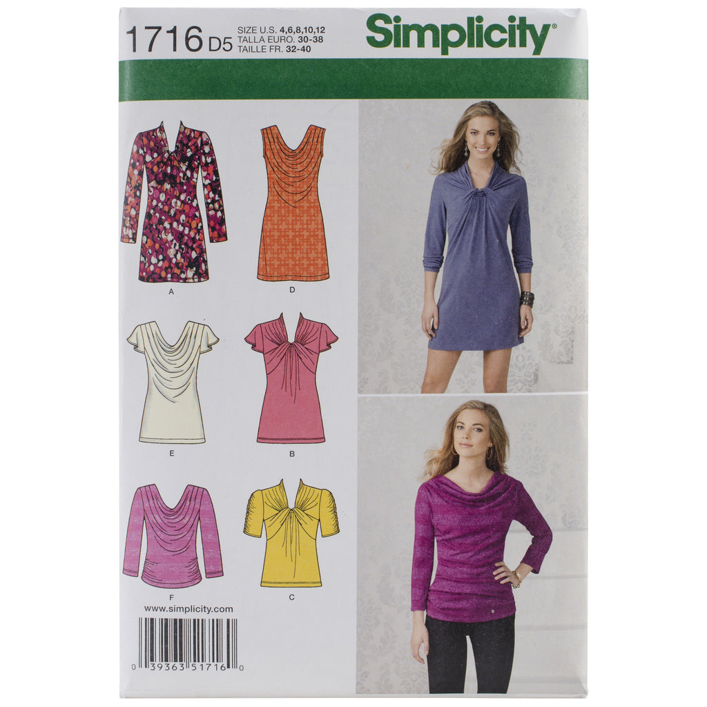 Simplicity Pattern 1716 Misses Knit Mini-Dress, Tunic and Top with Front Variations Sizes 4-6-8-10-12