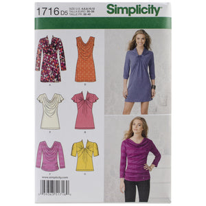 Simplicity Pattern 1716 Misses Knit Mini-Dress, Tunic and Top with Front Variations Sizes 4-6-8-10-12