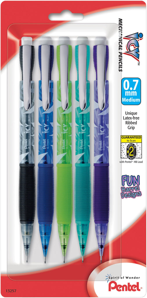 Pentel Icy Razzle-Dazzle Automatic Pencil, 0.7 mm, Assorted Barrels, 5 Pack (AL27RDBP5M)