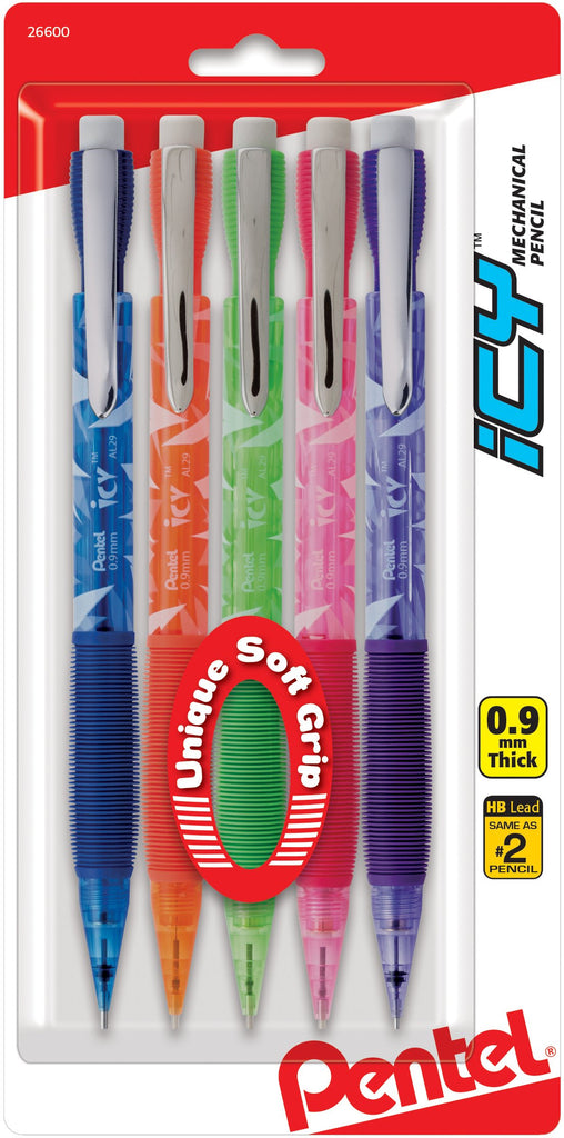 Pentel ICY Mechanical Pencil, (0.9mm), Assorted Barrels, 5-Pk (AL29TBP5M)