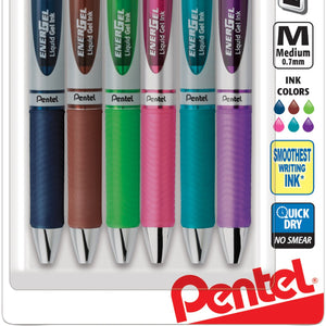 Pentel EnerGel RTX Retractable Liquid Gel Pen, (0.7mm) Metal Tip, Medium Line, Assorted Ink, 6-Pk (BL77BP6M1)