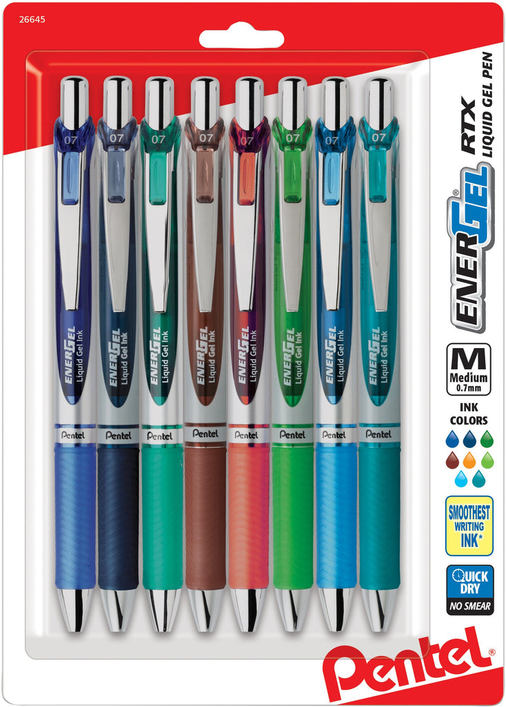Pentel EnerGel RTX Retractable Liquid Gel Pen, (0.7mm) Metal Tip, Medium Line, Assorted Ink, 8-Pk (BL77BP8M2)