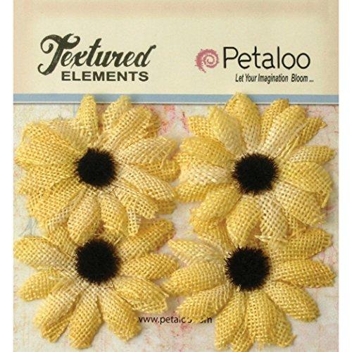 Petaloo Textured Elements Burlap Sunflowers, 2-Inch, Yellow, 4-Pack