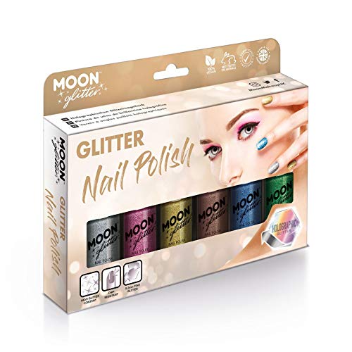 Holographic Festival Glitter Nail Polish by Moon Glitter - 14ml - Gift Set containing 6 Nail Polishes - Silver, Pink, Gold, Rose Gold, Blue & Green