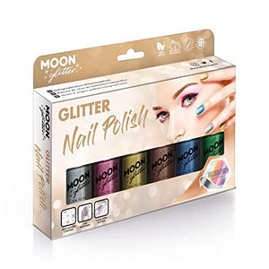 Holographic Festival Glitter Nail Polish by Moon Glitter - 14ml - Gift Set containing 6 Nail Polishes - Silver, Pink, Gold, Rose Gold, Blue & Green
