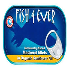 Sustainably sourced Mackerel fillets in organic sunflower oil. 120g