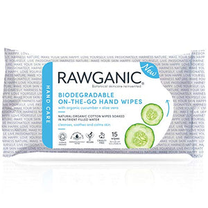 RAWGANIC On-the-Go Hand Wipes, Gentle Alcohol-free Fragrance-free Biodegradable Organic Cotton Wipes | with Aloe Vera & Cucumber | Pack of 15 Wipes